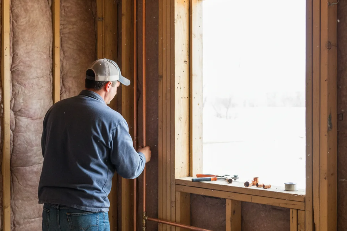 Licensed plumber running new copper supply lines in a Hibbs home