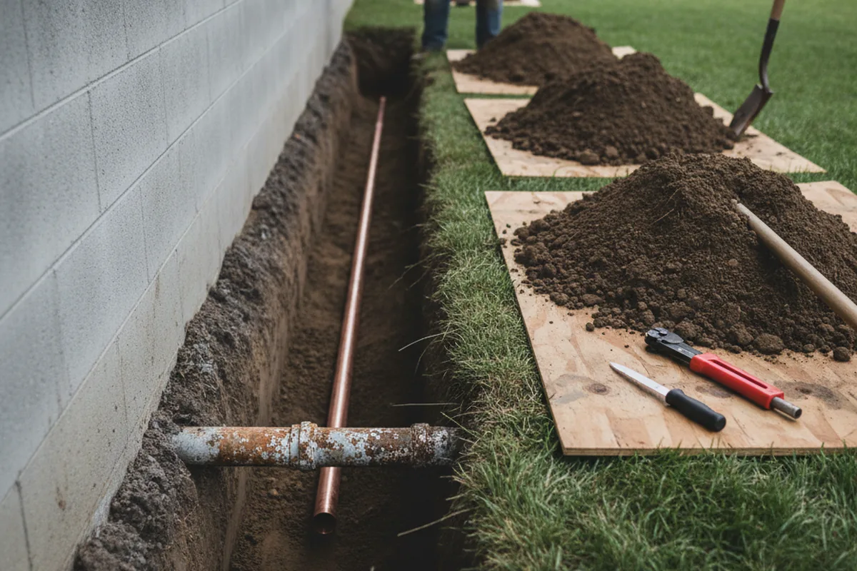 Excavated water line trench during Sewer Line Repair in Hibbs
